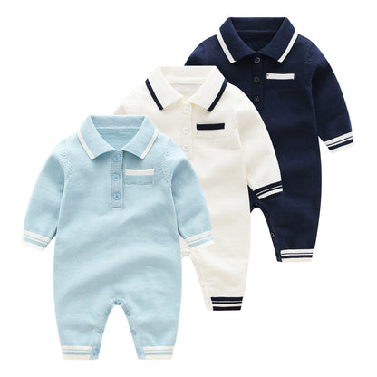 Baby Solid Color Quarter Button Design Lapel Knitted College Style Rompers