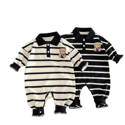 Baby Cartoon Bear Print & Striped Pattern Polo Neck Long Sleeve Romper