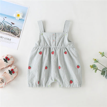 Baby Girl 1pcs Plaid Graphic Strawberries Embroidery Snap Button Jumpsuit & Solid Tee Sets