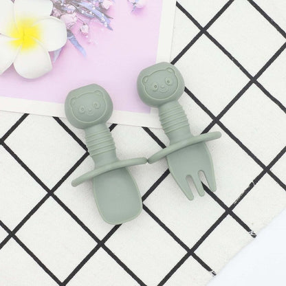 Baby Bear Pattern Complementary Food Training Lovely Silicone Spoon Fork Sets