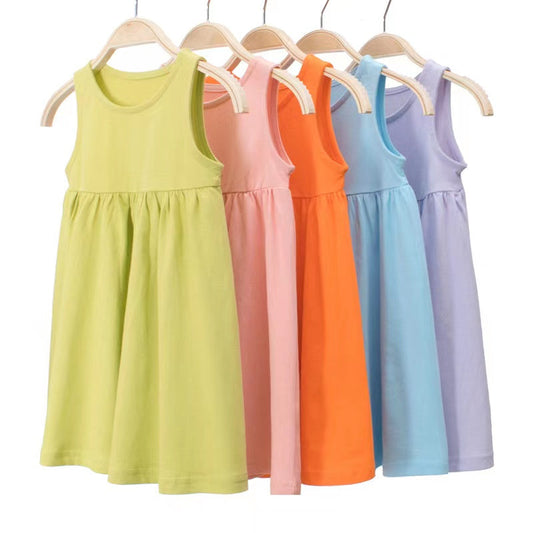 Baby Girls Solid Round Collar Design Sleeveless Dress In Summer