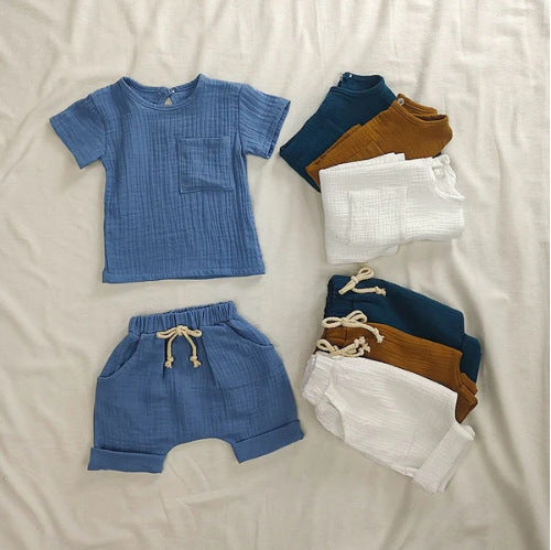 Summer New Arrival Baby Kids Short Sleeves Solid Color T-Shirt And Shorts Casual Clothing Set