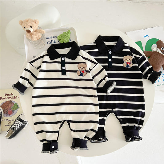 Baby Cartoon Bear Print & Striped Pattern Polo Neck Long Sleeve Romper