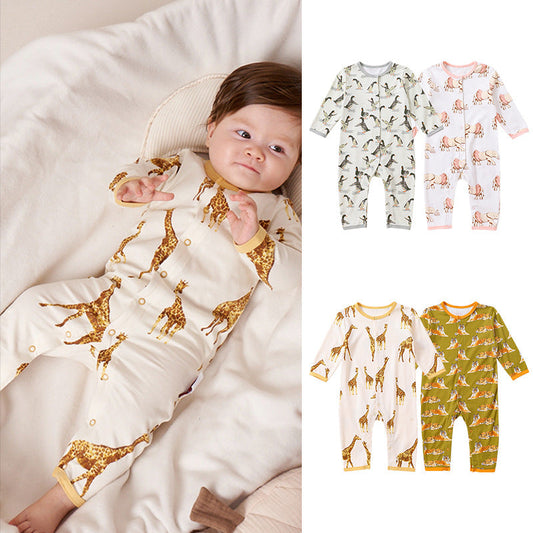 Baby Animal Print Pattern Full Button Design Cotton Romper